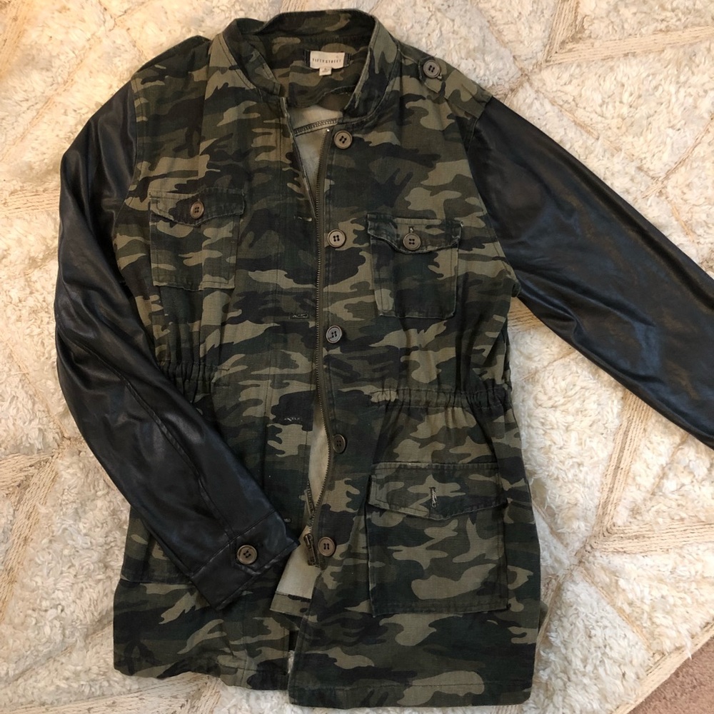 Army print and faux leather sleeved jacket